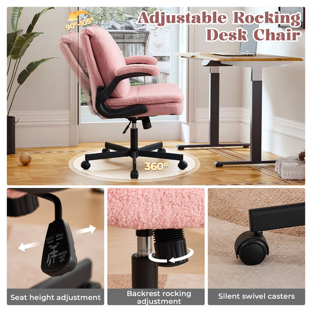 TCGBKAF Pink Criss Cross Chair with Wheels&Flip-Up Arms 25" Seat Cross Legged Office Chair with Flip-Up Back Ergonomic Computer Desk Chair Adjustable Swivel Vanity Fleece Chair for Home&Bedroom