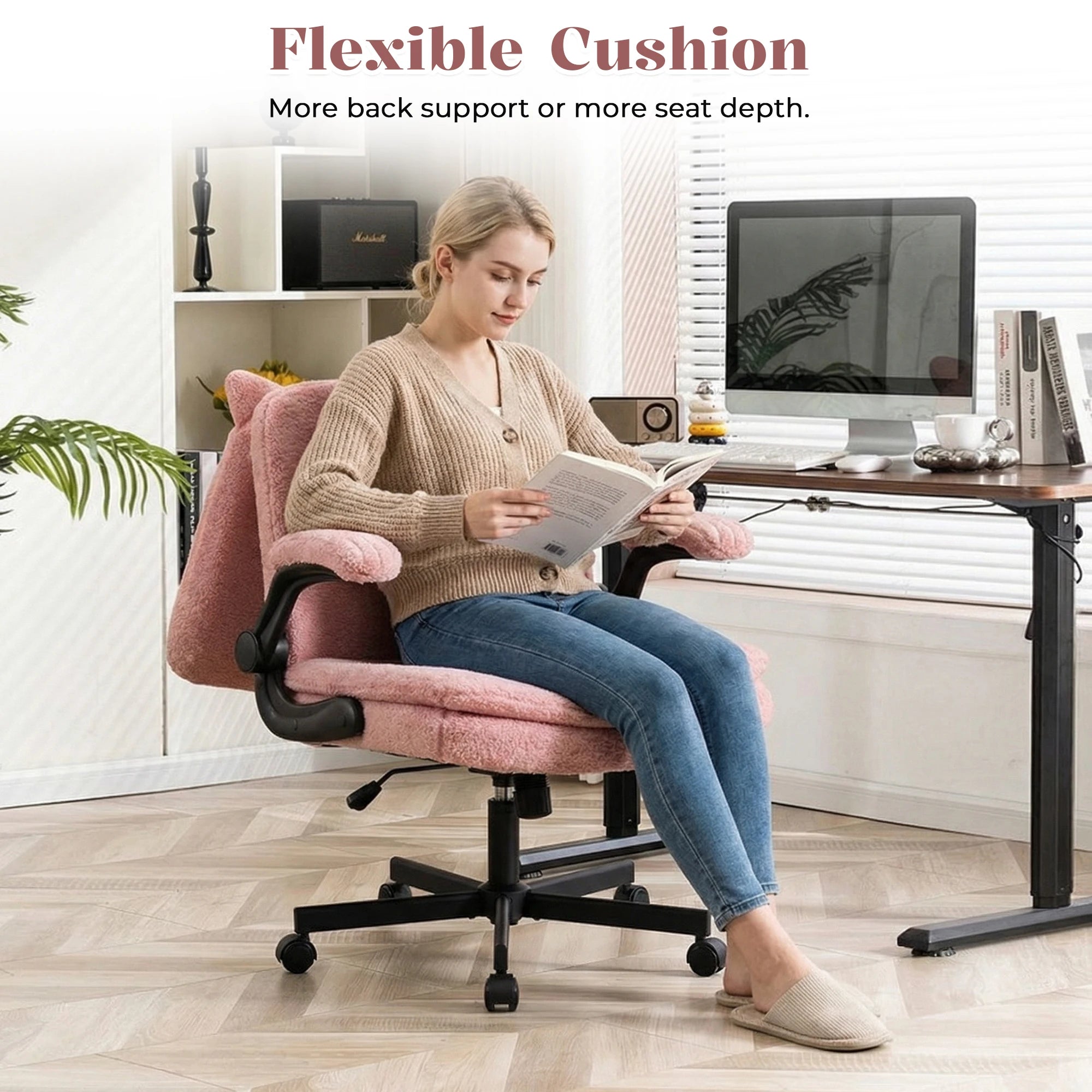 TCGBKAF Pink Criss Cross Chair with Wheels&Flip-Up Arms 25" Seat Cross Legged Office Chair with Flip-Up Back Ergonomic Computer Desk Chair Adjustable Swivel Vanity Fleece Chair for Home&Bedroom
